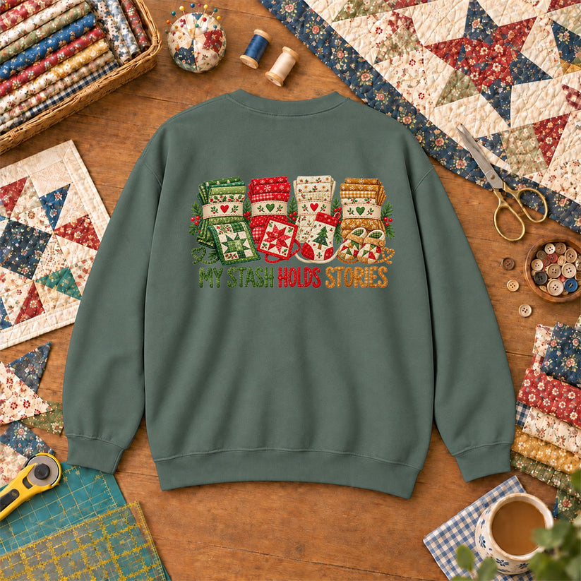 My Stash Holds Stories Christmas Fat Quarter Stacks Sweatshirt - Forest Green