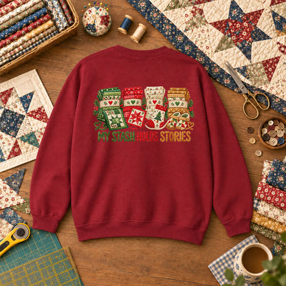 My Stash Holds Stories Christmas Fat Quarter Stacks Sweatshirt - Garnet