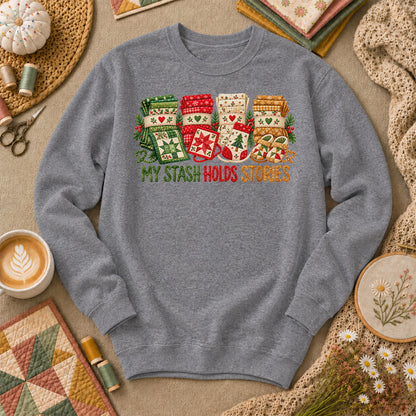 My Stash Holds Stories Christmas Fat Quarter Stacks Sweatshirt - Graphite Heather