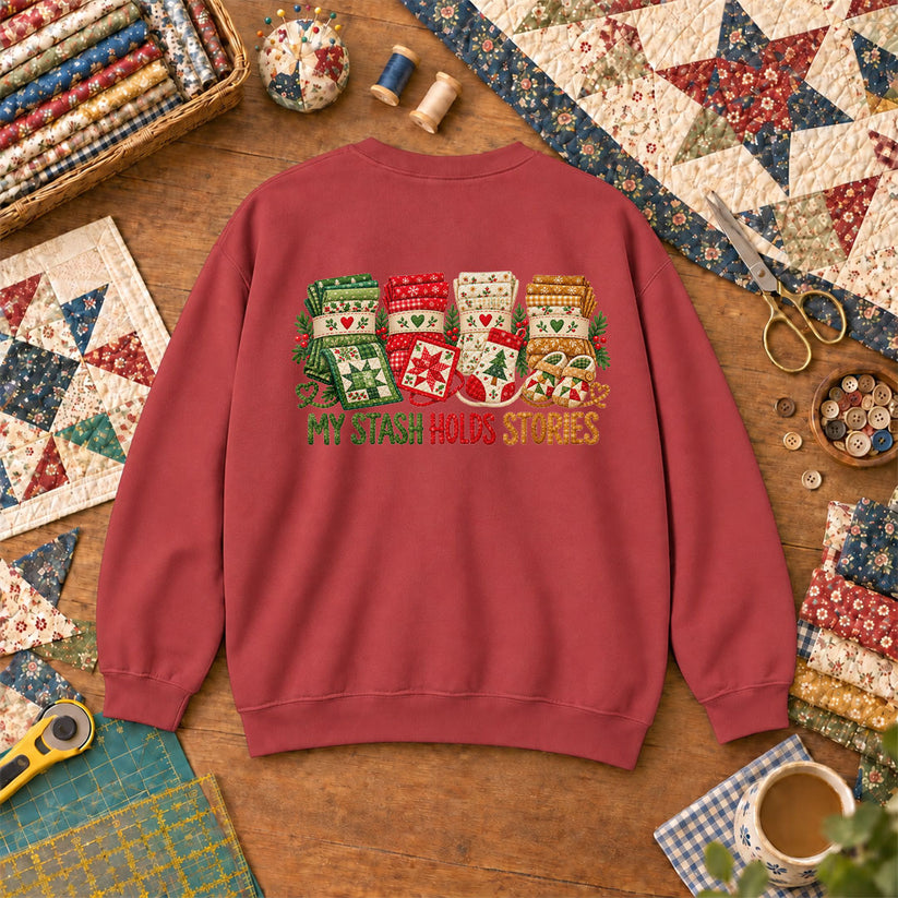 My Stash Holds Stories Christmas Fat Quarter Stacks Sweatshirt - Heather Red