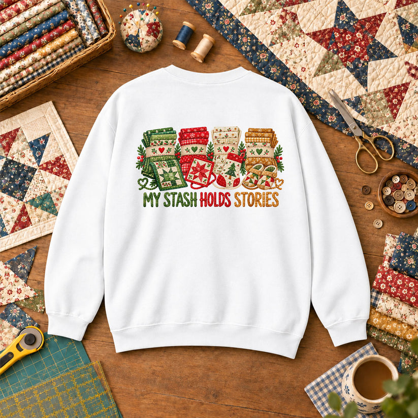 My Stash Holds Stories Christmas Fat Quarter Stacks Sweatshirt - White