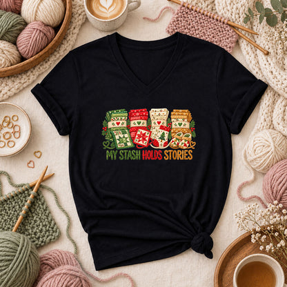 My Stash Holds Stories Christmas Fat Quarter Stacks Women's V-Neck - Black