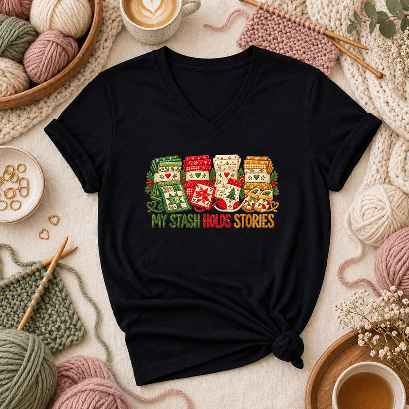My Stash Holds Stories Christmas Fat Quarter Stacks Women's V-Neck - Black