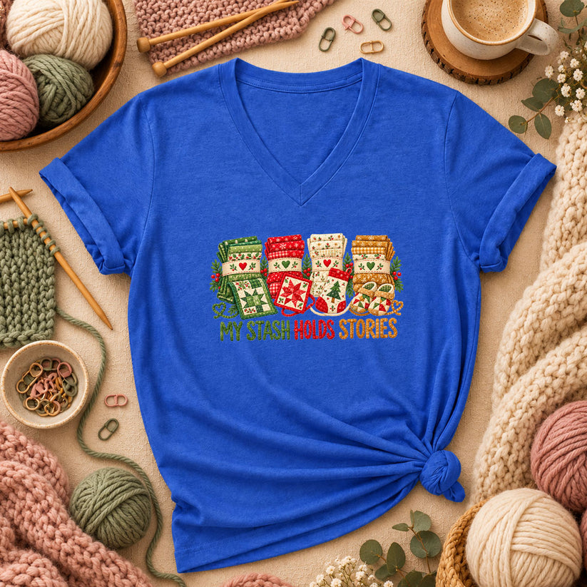 My Stash Holds Stories Christmas Fat Quarter Stacks Women's V-Neck - Heather True Royal