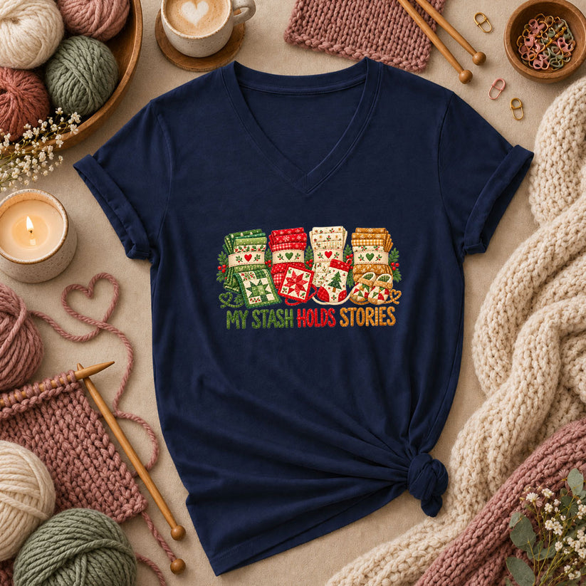 My Stash Holds Stories Christmas Fat Quarter Stacks Women's V-Neck - Navy