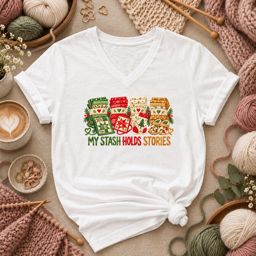 My Stash Holds Stories Christmas Fat Quarter Stacks Women's V-Neck - White