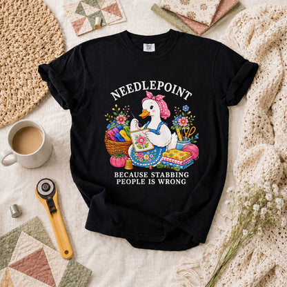 Needlepoint Because Stabbing People Is Wrong Duck T-Shirt - Black