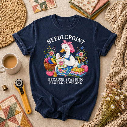 Needlepoint Because Stabbing People Is Wrong Duck T-Shirt - Navy