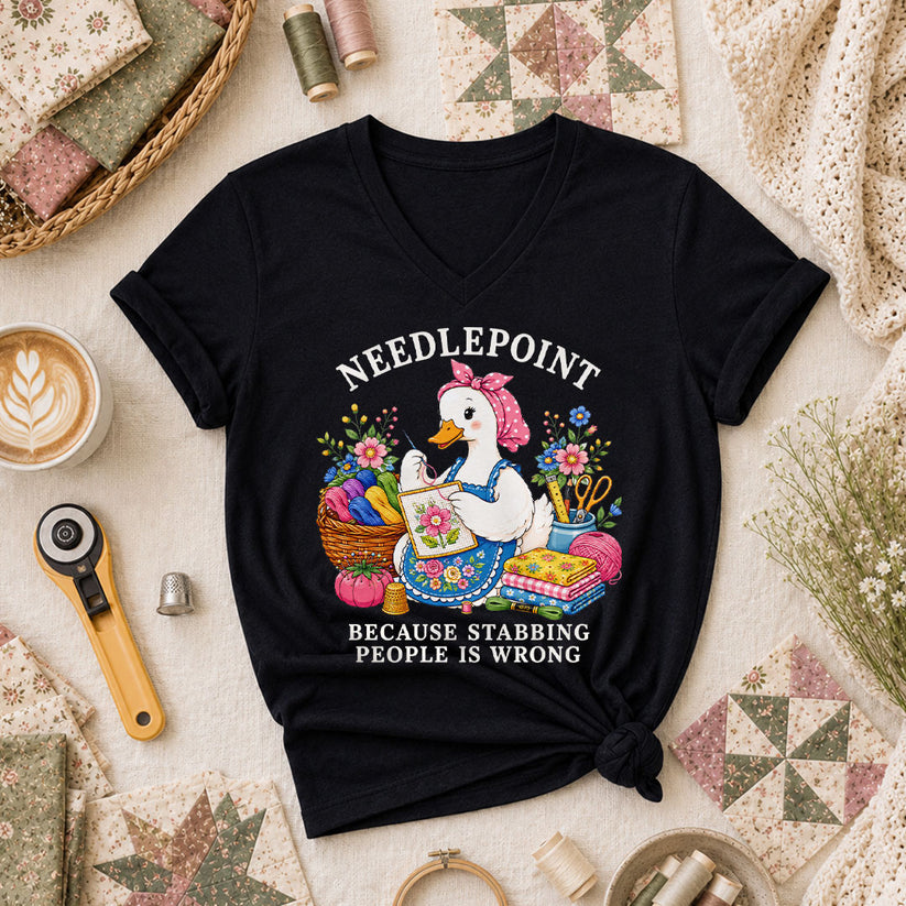 Needlepoint Because Stabbing People Is Wrong Duck Women's V-Neck - Black