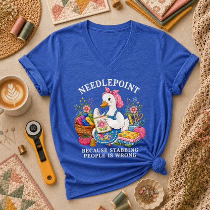 Needlepoint Because Stabbing People Is Wrong Duck Women's V-Neck - Heather True Royal