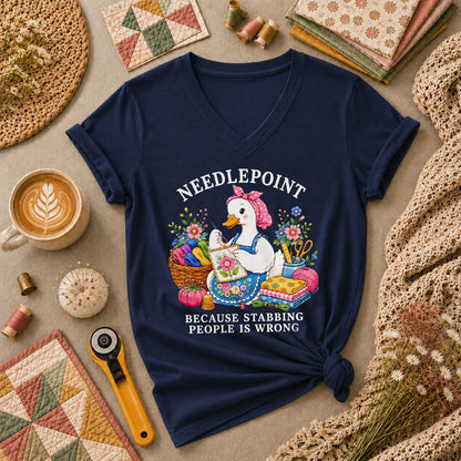 Needlepoint Because Stabbing People Is Wrong Duck Women's V-Neck - Navy
