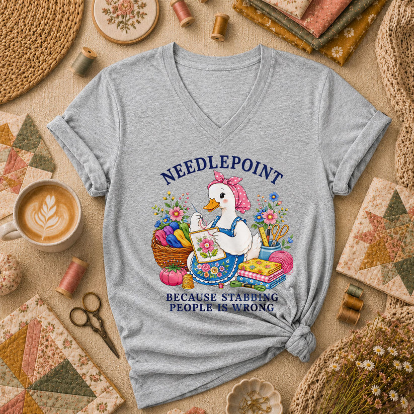 Needlepoint Because Stabbing People Is Wrong Duck Women's V-Neck - Sport Grey