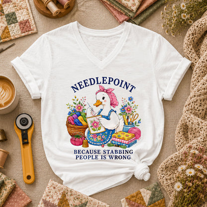 Needlepoint Because Stabbing People Is Wrong Duck Women's V-Neck - White