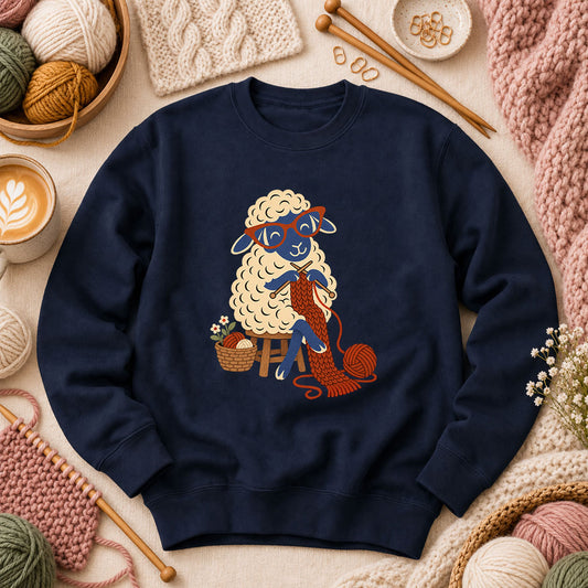 Nerdy Sheep Knitting A Scarf Long Sleeve - Navy