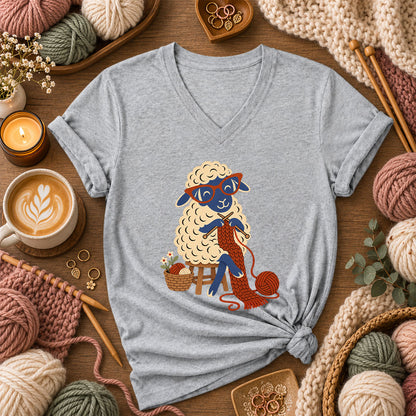 Nerdy Sheep Knitting A Scarf Women's V-Neck - Athletic Heather