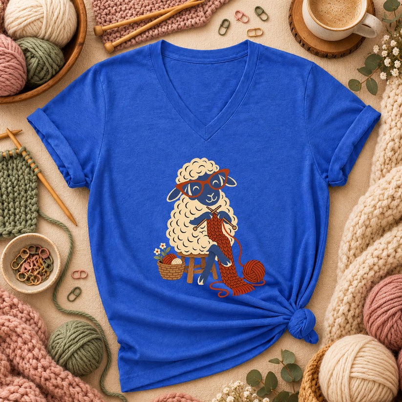 Nerdy Sheep Knitting A Scarf Women's V-Neck - Heather True Royal