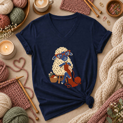 Nerdy Sheep Knitting A Scarf Women's V-Neck - Navy