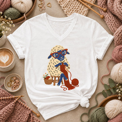 Nerdy Sheep Knitting A Scarf Women's V-Neck - White