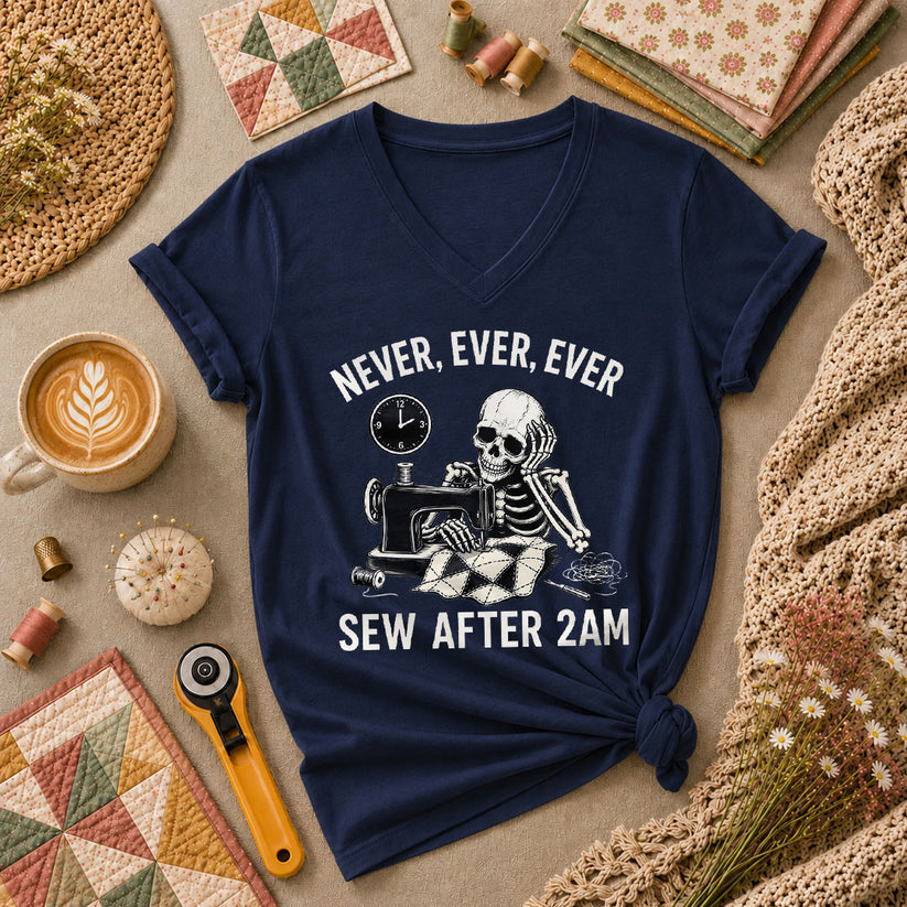 Never Ever Ever Sew After 2AM Skeleton Women's V-Neck - Navy