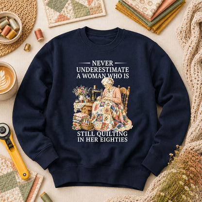 Never Underestimate A Woman Still Quilting Long Sleeve - Navy
