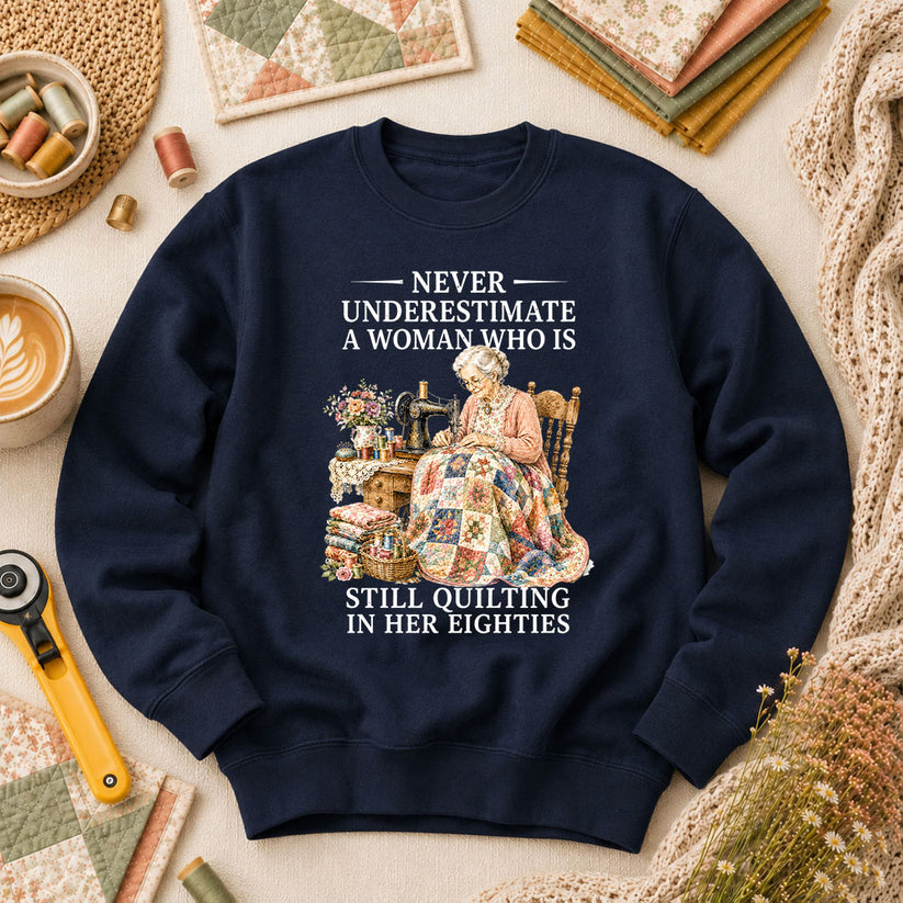Never Underestimate A Woman Still Quilting Long Sleeve - Navy