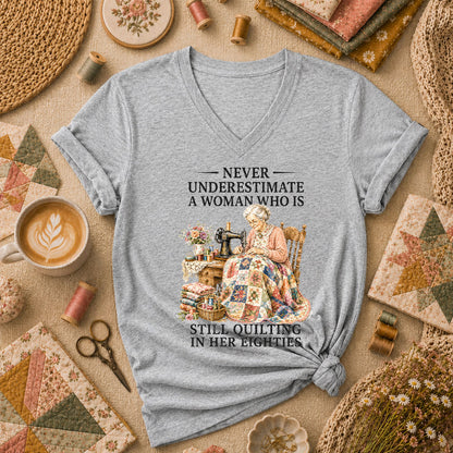 Never Underestimate A Woman Still Quilting Women's V-Neck - Athletic Heather