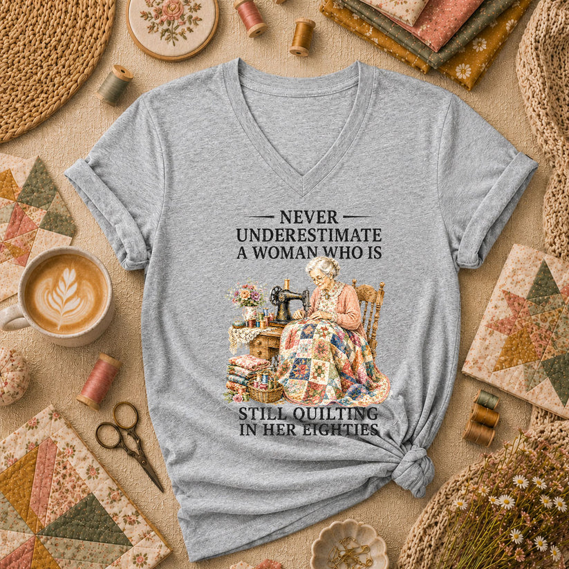 Never Underestimate A Woman Still Quilting Women's V-Neck - Athletic Heather