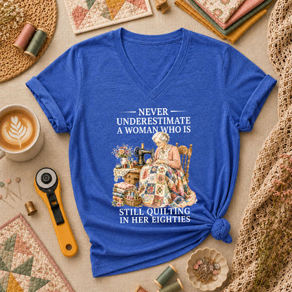 Never Underestimate A Woman Still Quilting Women's V-Neck - Heather True Royal