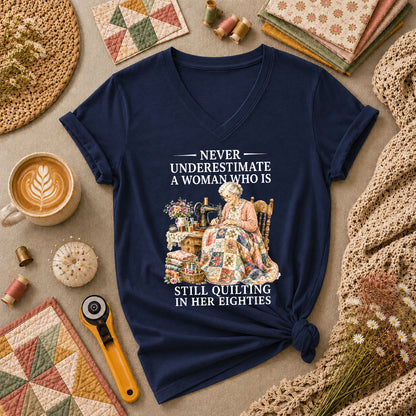 Never Underestimate A Woman Still Quilting Women's V-Neck - Navy