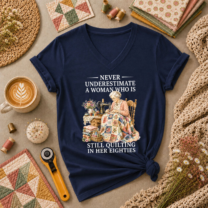 Never Underestimate A Woman Still Quilting Women's V-Neck - Navy