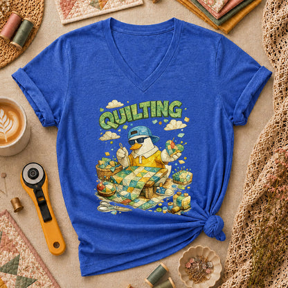 New Mood Quilting Women's V-Neck - Heather True Royal