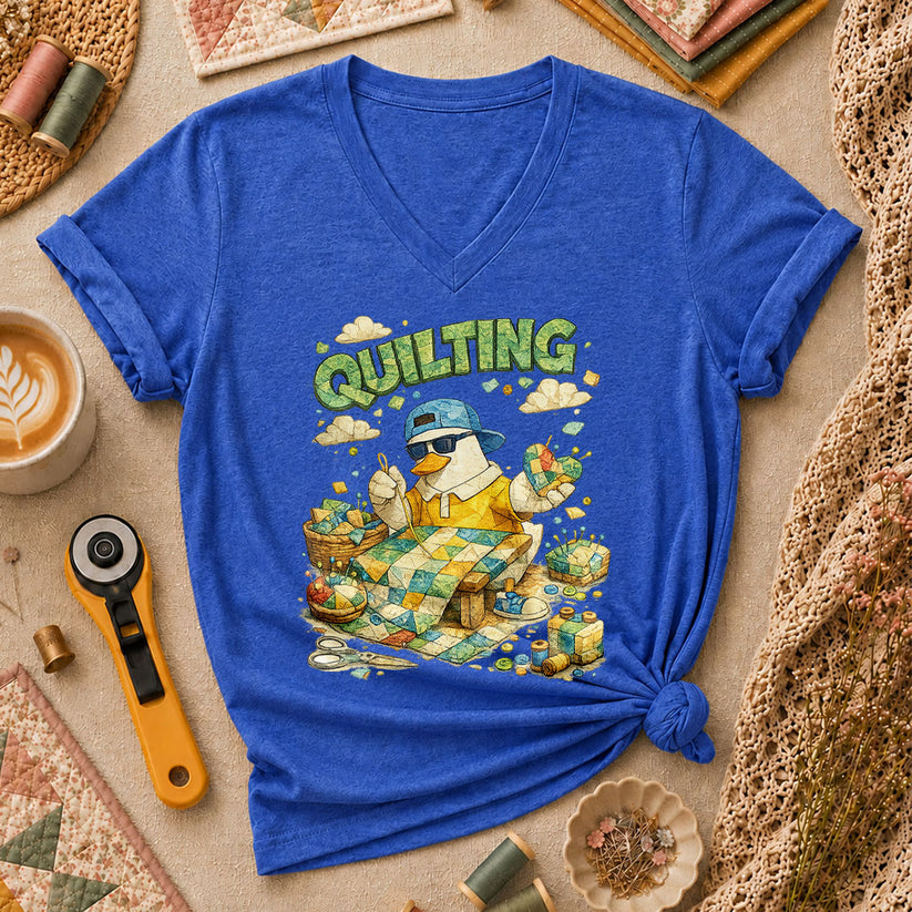 New Mood Quilting Women's V-Neck - Heather True Royal