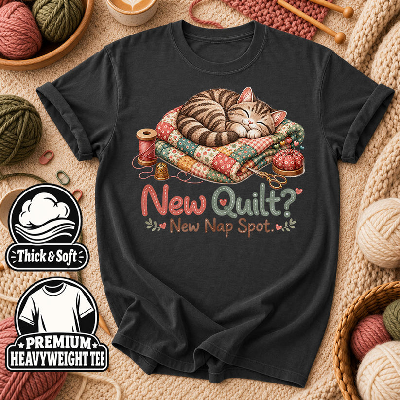 New Quilt New Nap Spot Cat T-Shirt - Dark Heather Grey