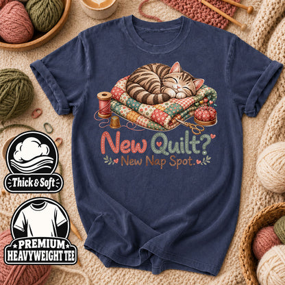 New Quilt New Nap Spot Cat T-Shirt - Heather Navy
