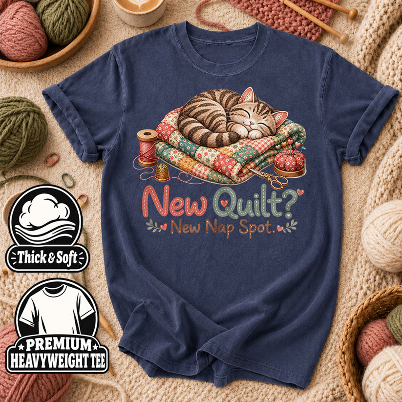 New Quilt New Nap Spot Cat T-Shirt - Heather Navy