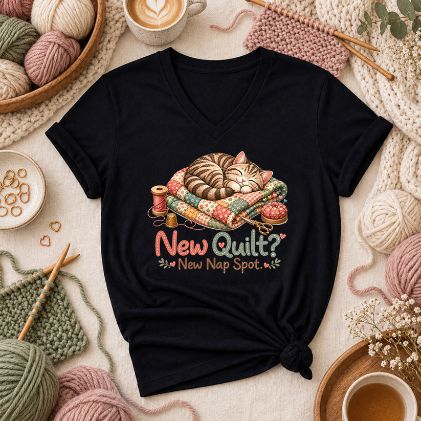 New Quilt New Nap Spot Cat Women's V-Neck - Black