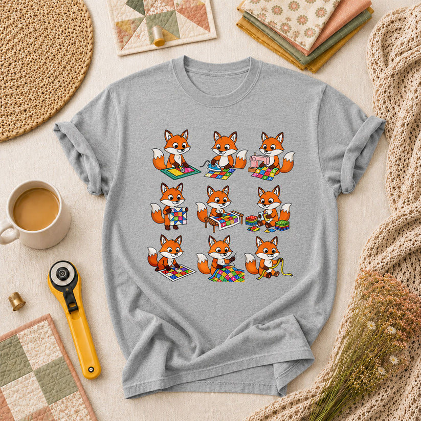 Nine Fox Cubs Quilting Grid Sewing Collage T-Shirt - Athletic Heather