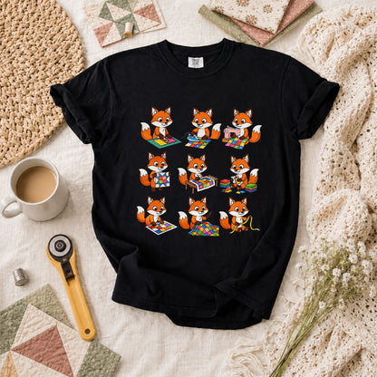 Nine Fox Cubs Quilting Grid Sewing Collage T-Shirt - Black