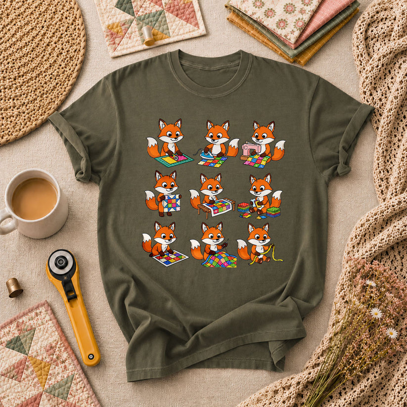 Nine Fox Cubs Quilting Grid Sewing Collage T-Shirt - Military Green
