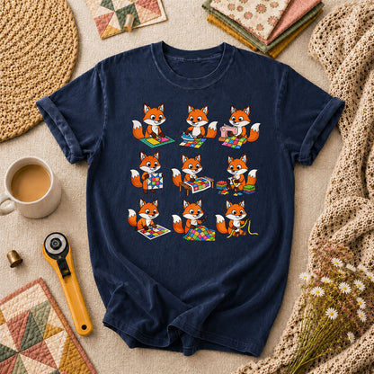 Nine Fox Cubs Quilting Grid Sewing Collage T-Shirt - Navy