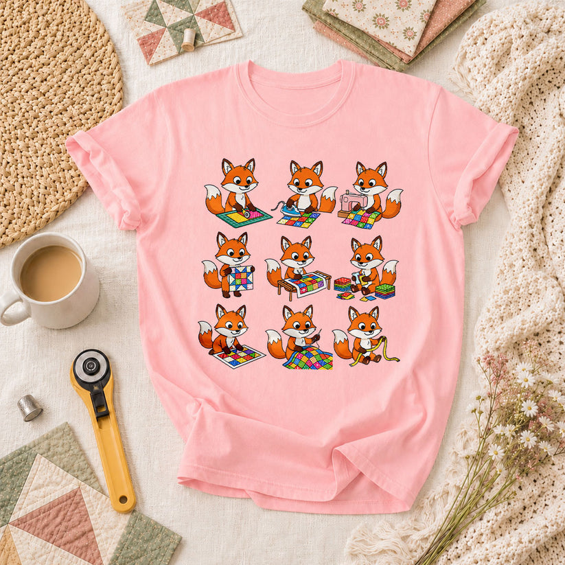 Nine Fox Cubs Quilting Grid Sewing Collage T-Shirt - Pink