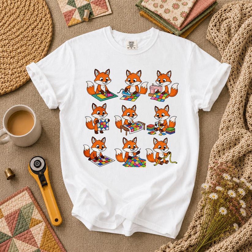 Nine Fox Cubs Quilting Grid Sewing Collage T-Shirt - White