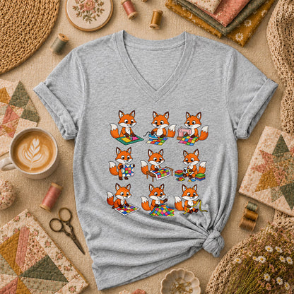 Nine Fox Cubs Quilting Grid Sewing Collage Women's V-Neck - Athletic Heather