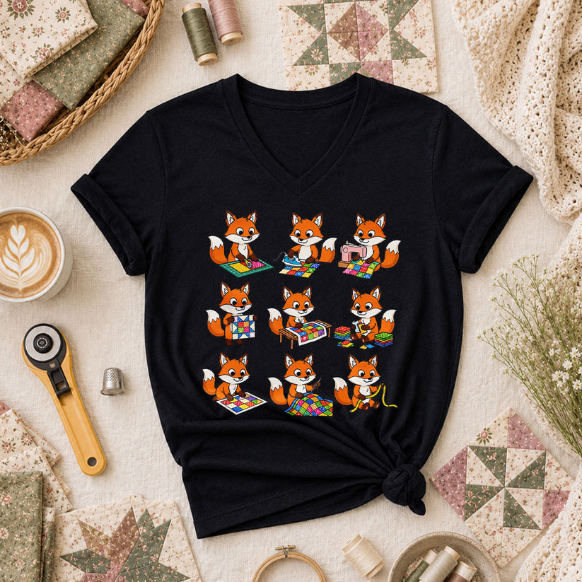 Nine Fox Cubs Quilting Grid Sewing Collage Women's V-Neck - Black