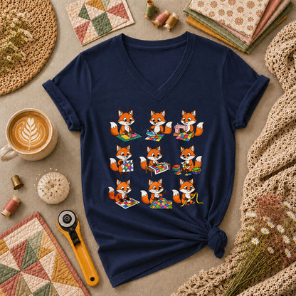 Nine Fox Cubs Quilting Grid Sewing Collage Women's V-Neck - Navy