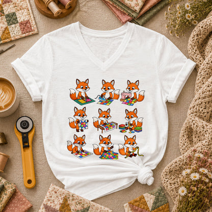 Nine Fox Cubs Quilting Grid Sewing Collage Women's V-Neck - White