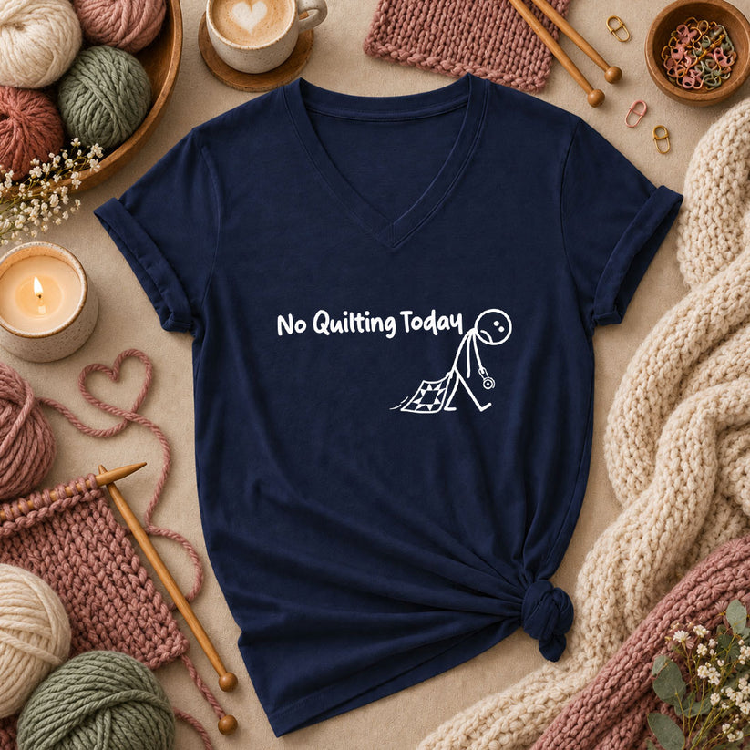 No Quilting Today Stick Figure Women's V-Neck - Navy