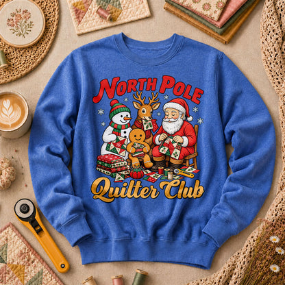North Pole Quilter Club Santa Reindeer Snowman Long Sleeve - Heather True Royal