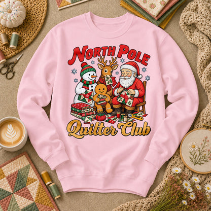 North Pole Quilter Club Santa Reindeer Snowman Long Sleeve - Light Pink