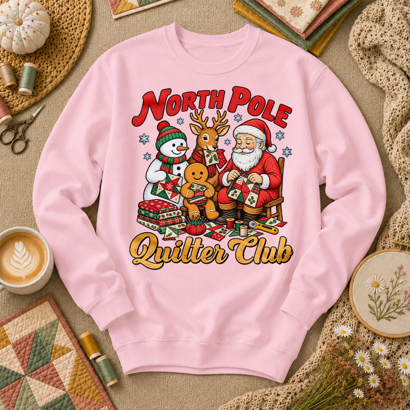 North Pole Quilter Club Santa Reindeer Snowman Long Sleeve - Light Pink